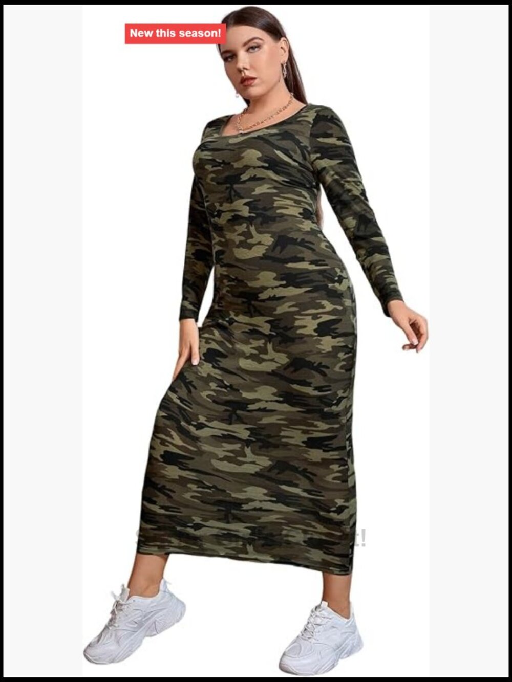 Plus Size Camo Print Bodycon Midi Dress Long Sleeve Pencil Knit